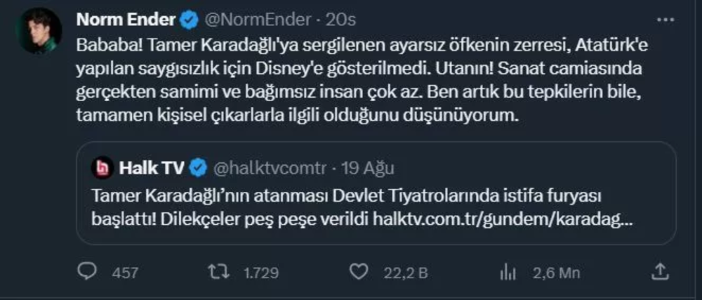 norm ender den tamer karadagli ya destek kisisel cikarlarla ilgili